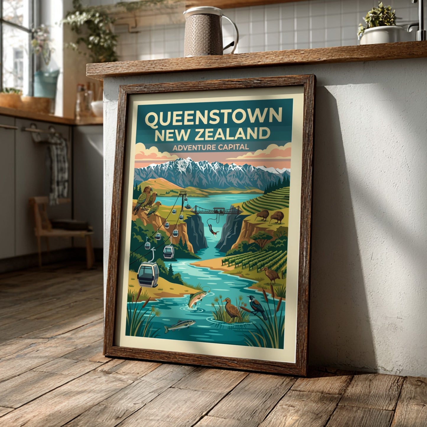 Queenstown New Zealand travel poster featuring mountains, a bungee jump, and native birds.