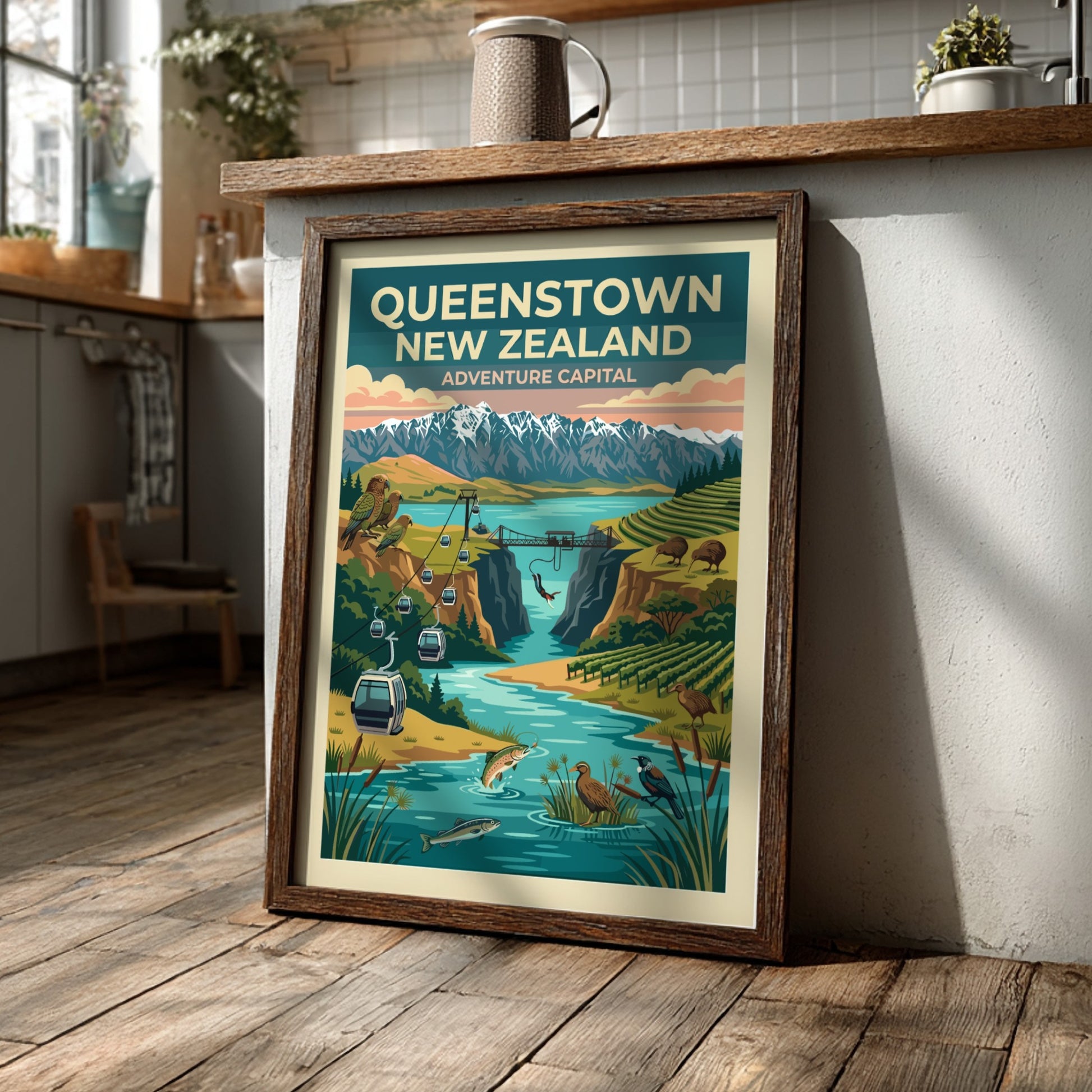 Queenstown New Zealand travel poster featuring mountains, a bungee jump, and native birds.