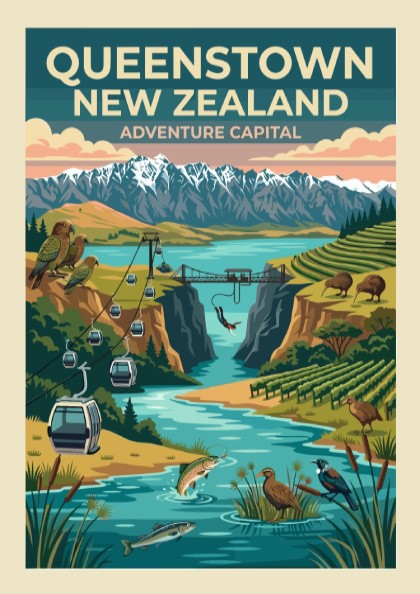 Queenstown New Zealand travel poster featuring mountains, a bungee jump, and native birds.
