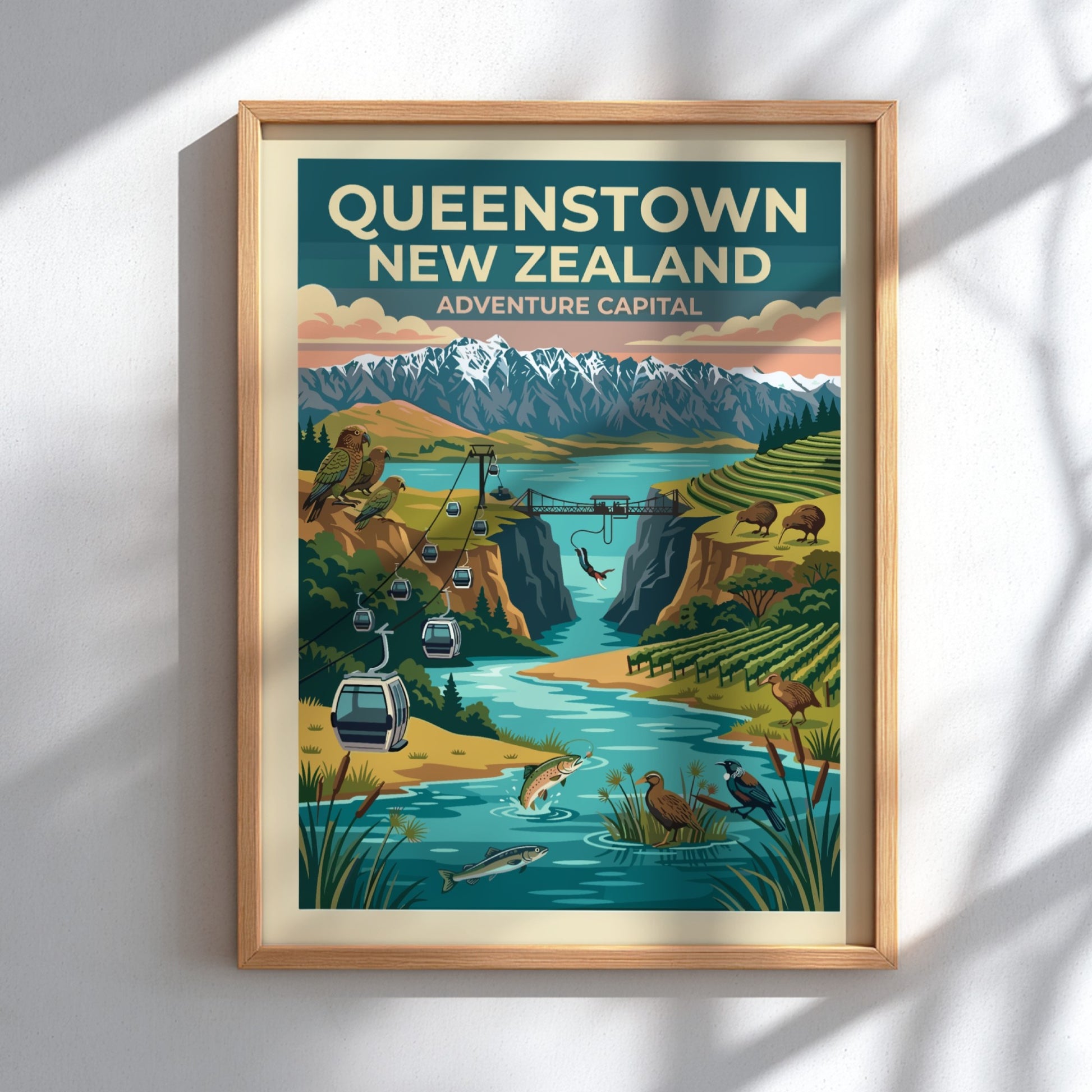 Queenstown New Zealand travel poster featuring mountains, a bungee jump, and native birds.