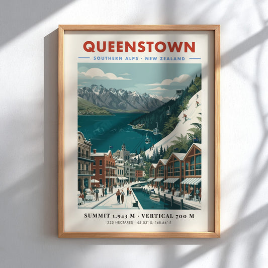 Queenstown ski resort poster featuring vintage design and Southern Alps colors, perfect for winter sports