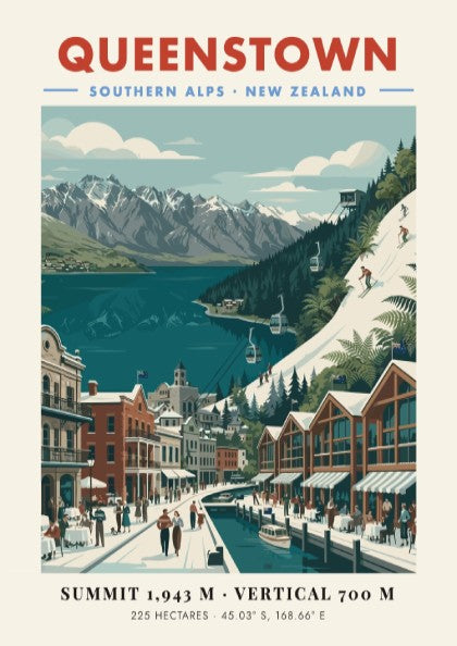 Queenstown ski resort poster featuring vintage design and Southern Alps colors, perfect for winter sports