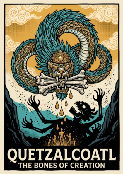 Poster featuring the Aztec deity Quetzalcoatl with blue scales and bones of creation.