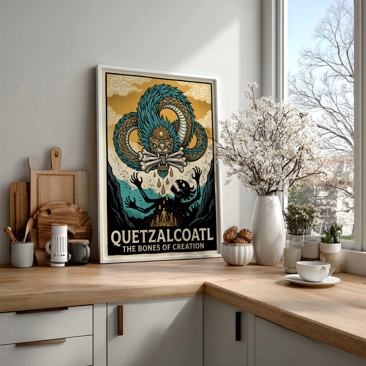 Poster featuring the Aztec deity Quetzalcoatl with blue scales and bones of creation.