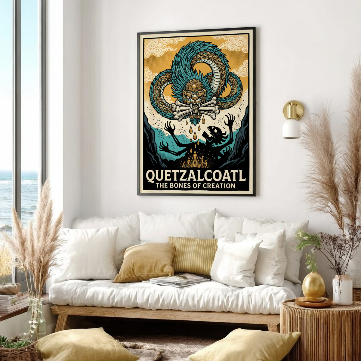 Poster featuring the Aztec deity Quetzalcoatl with blue scales and bones of creation.