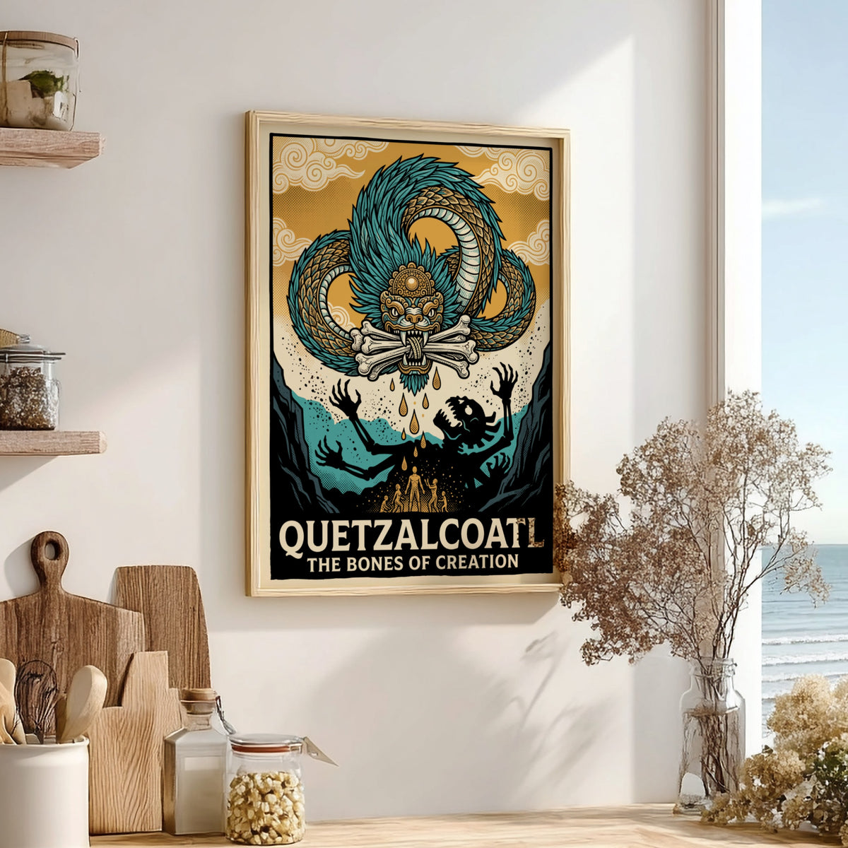Poster featuring the Aztec deity Quetzalcoatl with blue scales and bones of creation.