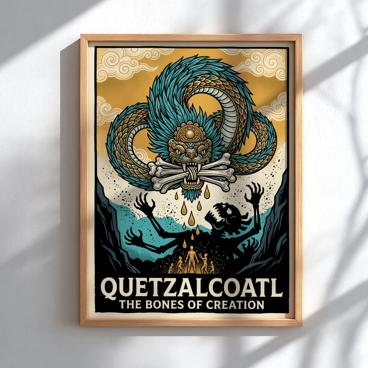 Poster featuring the Aztec deity Quetzalcoatl with blue scales and bones of creation.