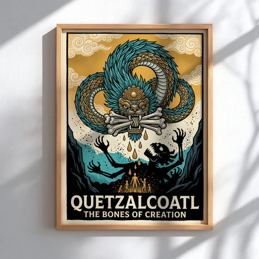 Poster featuring the Aztec deity Quetzalcoatl with blue scales and bones of creation.