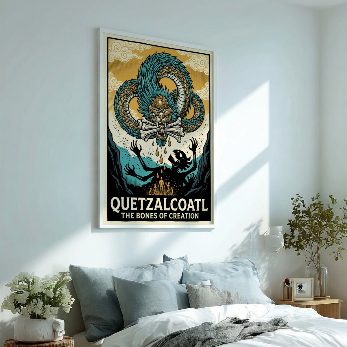 Poster featuring the Aztec deity Quetzalcoatl with blue scales and bones of creation.
