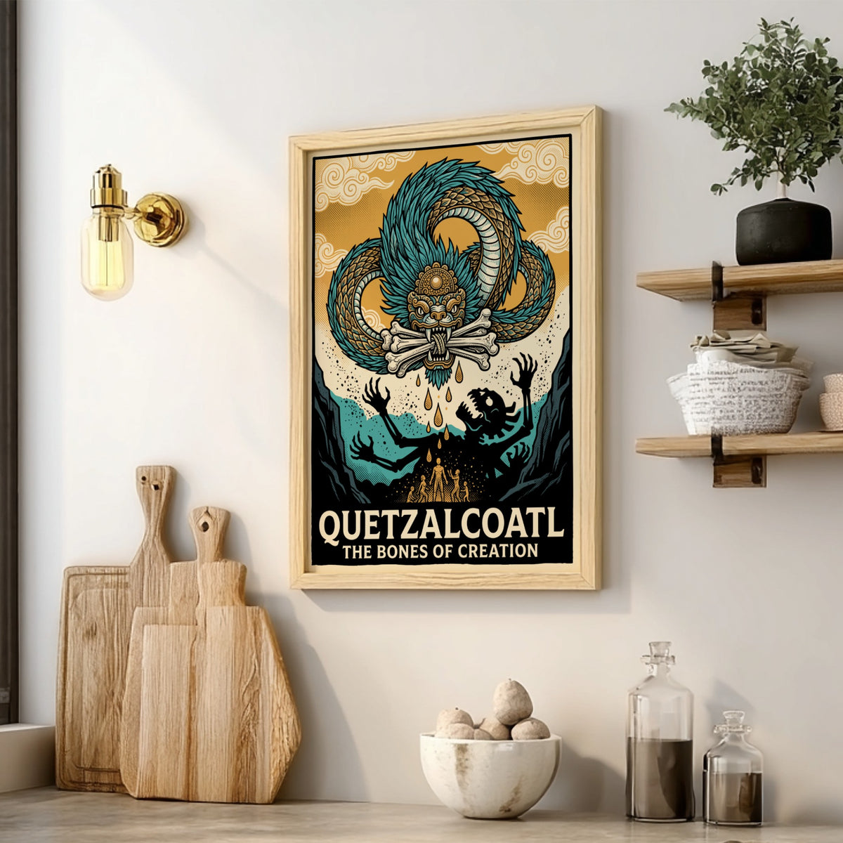 Poster featuring the Aztec deity Quetzalcoatl with blue scales and bones of creation.