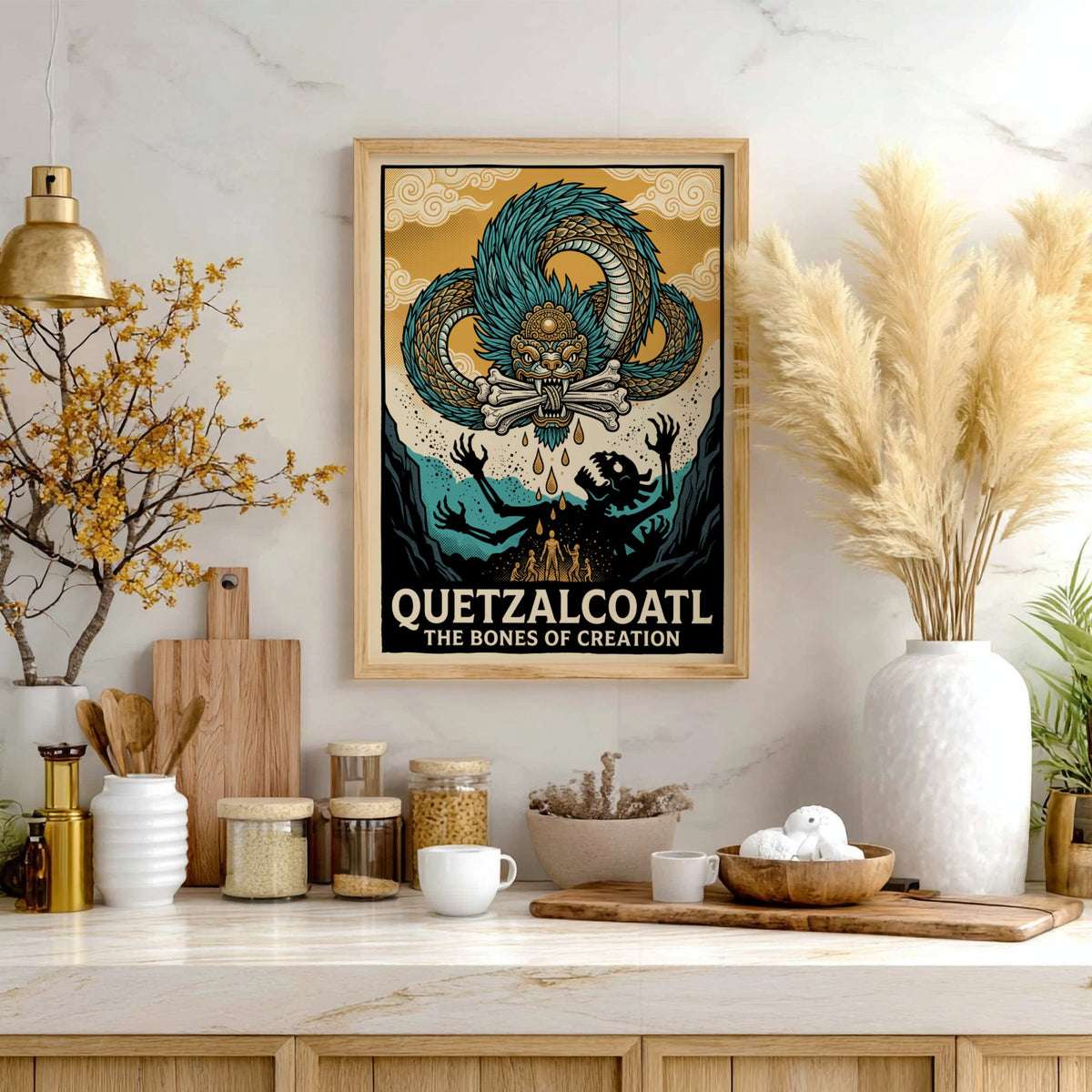 Poster featuring the Aztec deity Quetzalcoatl with blue scales and bones of creation.