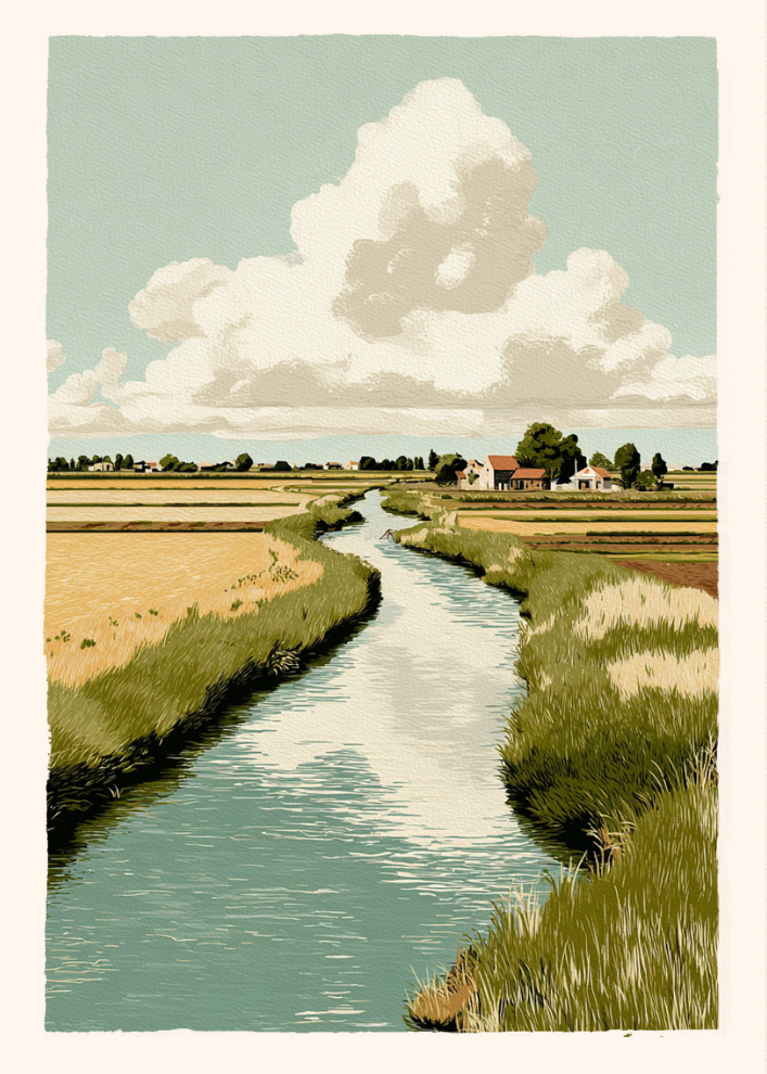 Stream running through a rural landscape with fields and a house under a large cloud.