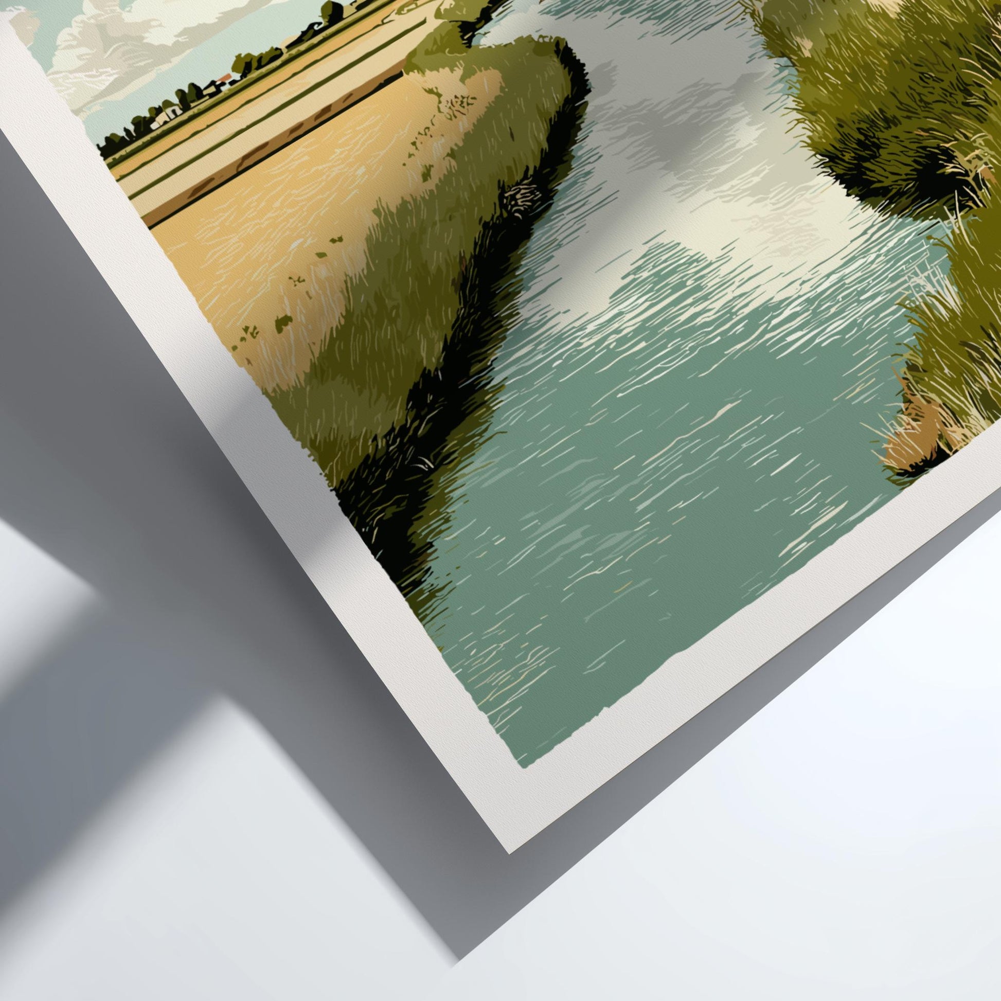 Framed artwork of a landscape with water, grass, and trees on a light gray background