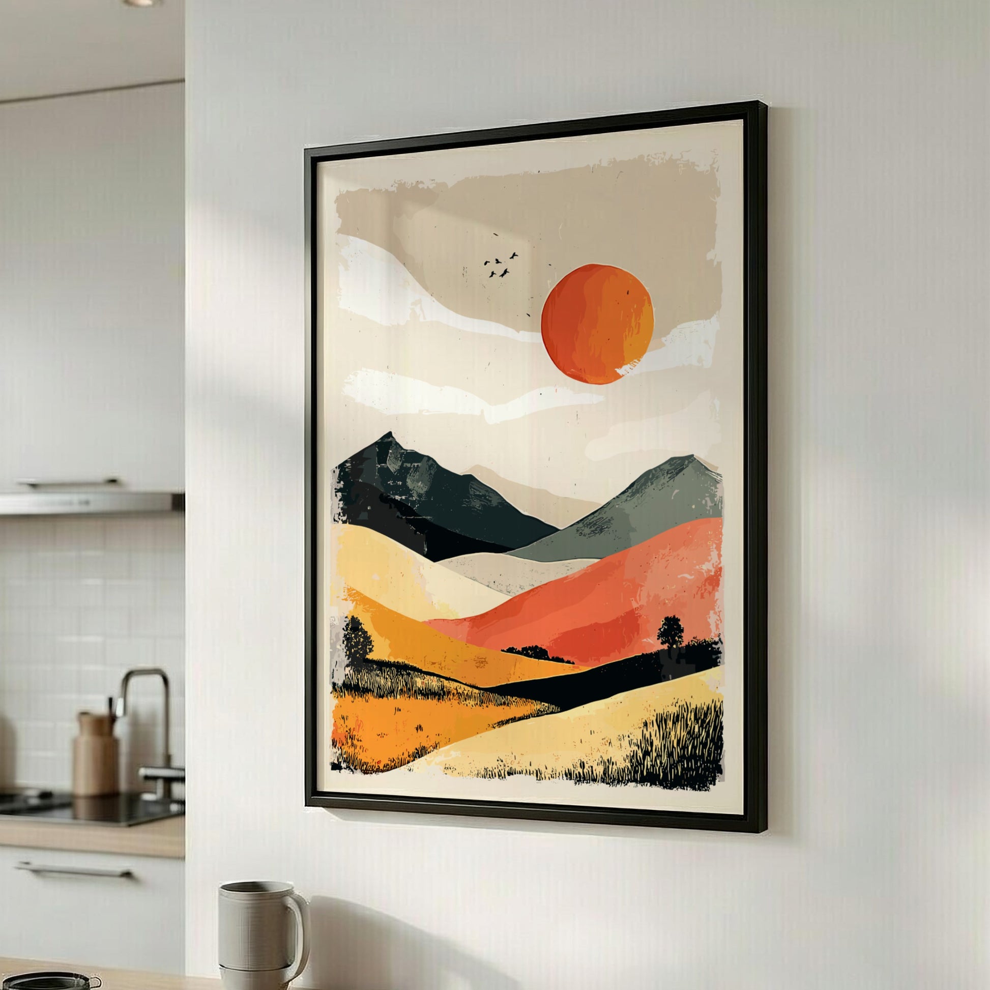 Framed abstract landscape art in a modern kitchen