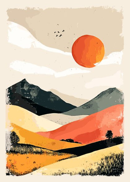 Simplified landscape with mountains, trees, and a large orange sun on a beige background