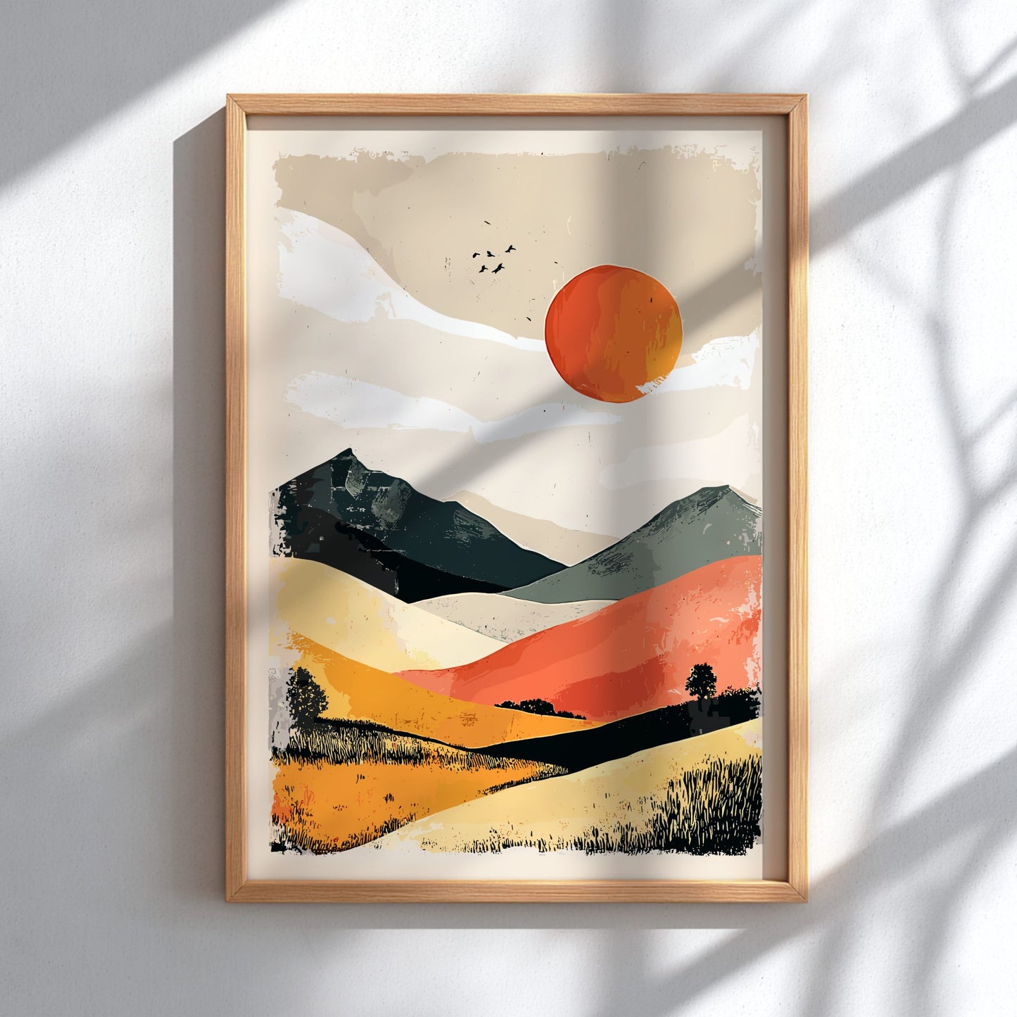 Framed abstract landscape painting with a sun and mountains on a white wall.