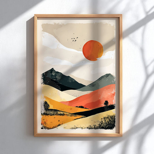 Framed abstract landscape painting with a sun and mountains on a white wall.