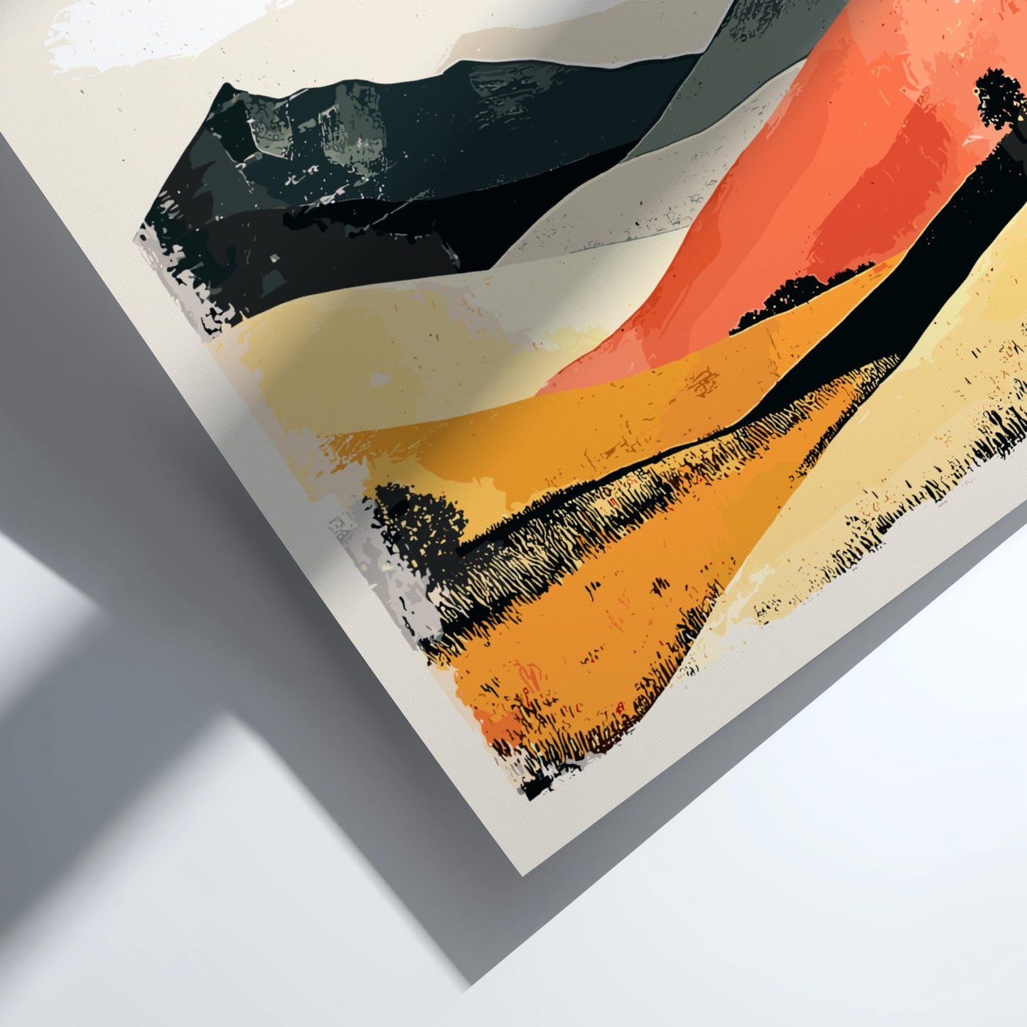 Abstract art print with orange, black, and beige colors on a white background