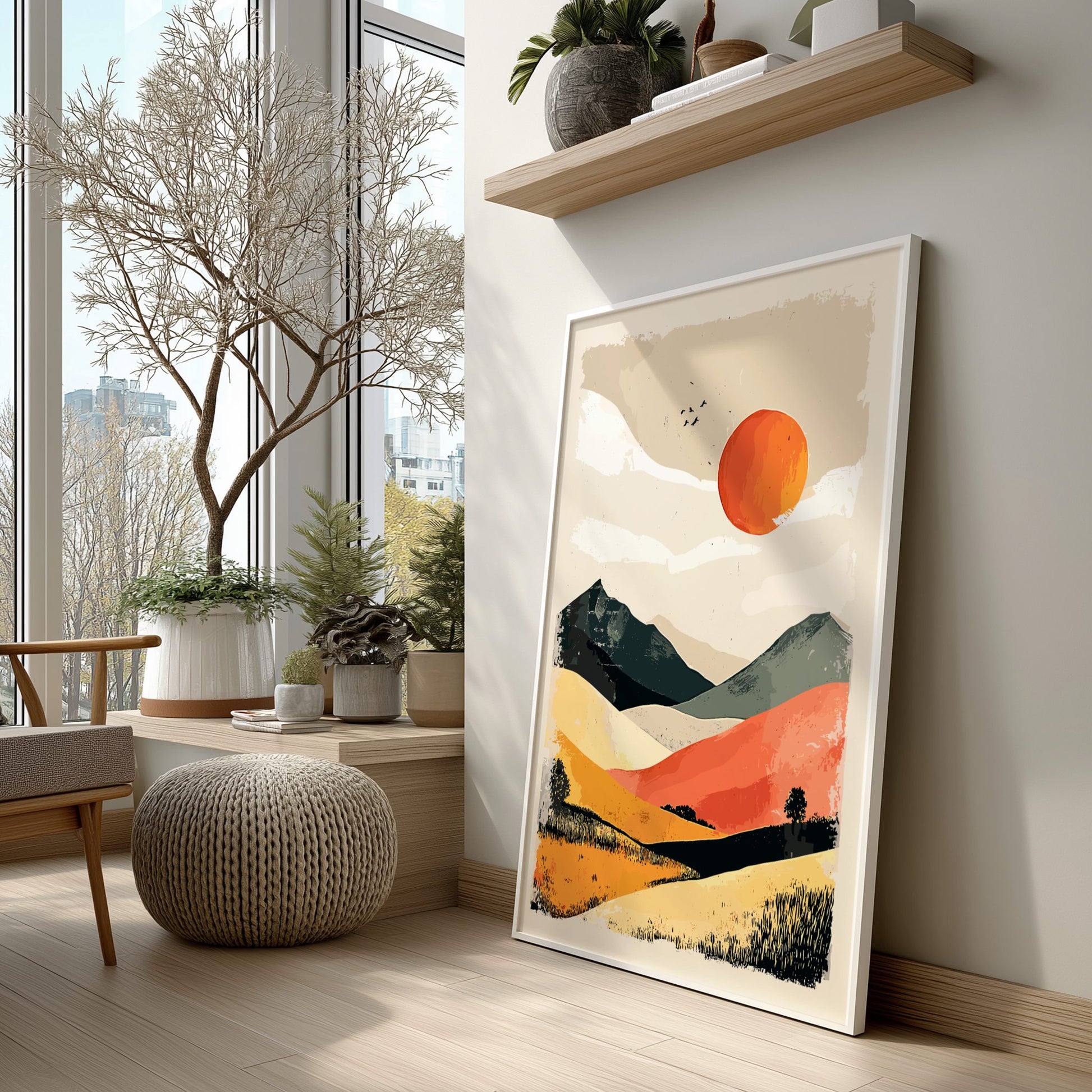 Modern interior with a colorful abstract landscape painting on the wall.