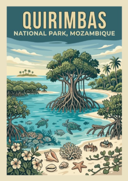 Quirimbas National Park poster featuring tropical scenery with vibrant colors and marine life elements.