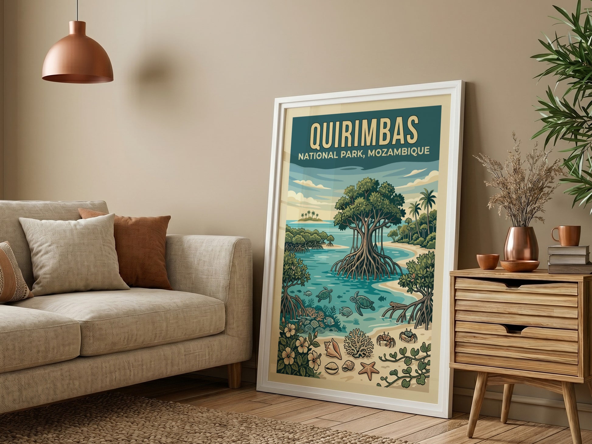 Quirimbas National Park poster featuring tropical scenery with vibrant colors and marine life elements.
