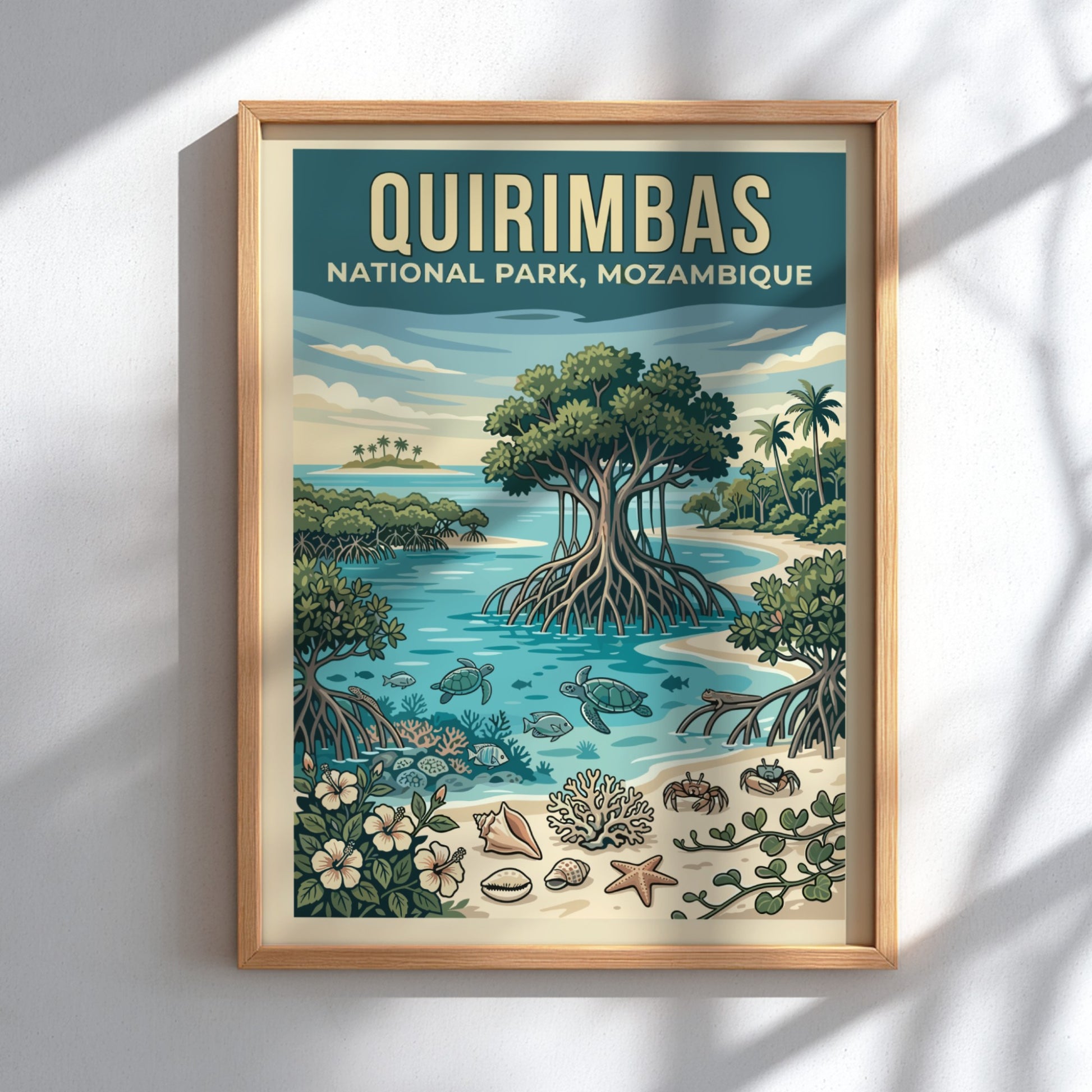 Quirimbas National Park poster featuring tropical scenery with vibrant colors and marine life elements.