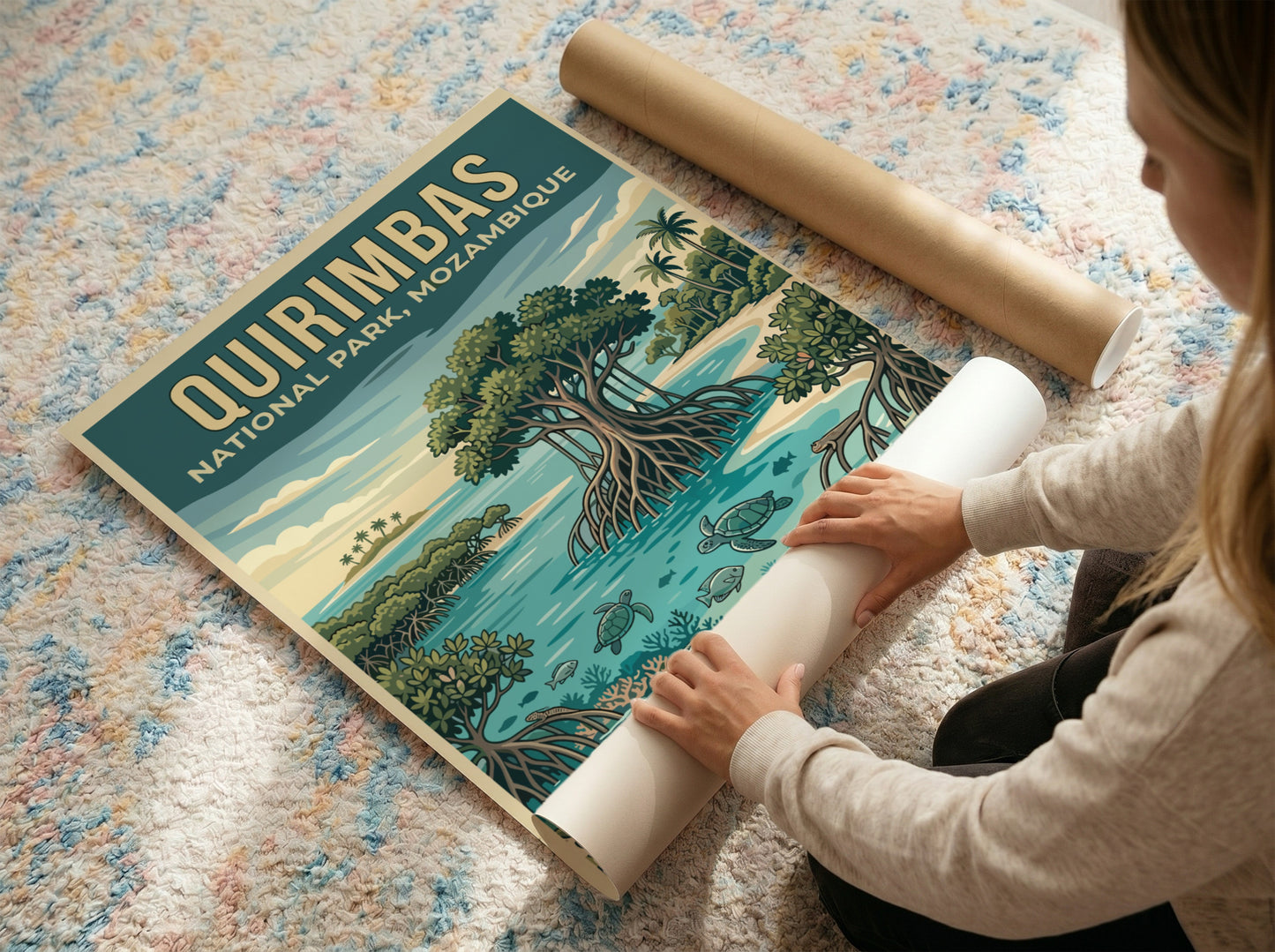 Quirimbas National Park poster featuring tropical scenery with vibrant colors and marine life elements.