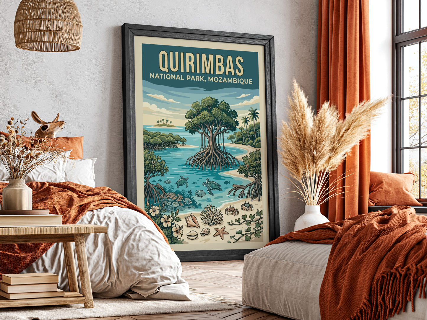 Quirimbas National Park poster featuring tropical scenery with vibrant colors and marine life elements.