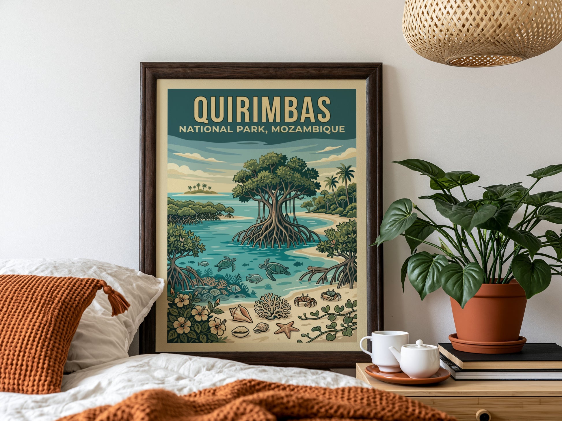 Quirimbas National Park poster featuring tropical scenery with vibrant colors and marine life elements.