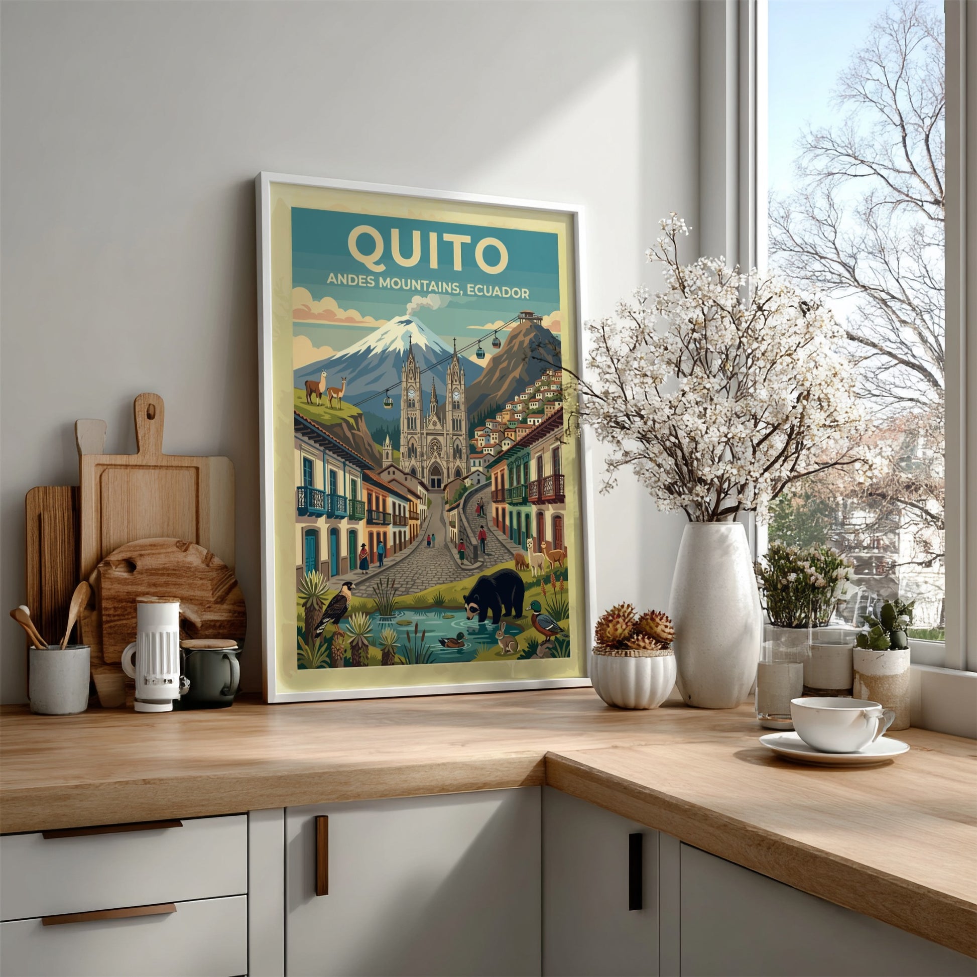 Travel poster of Quito Ecuador showing the Andes mountains cathedral and local wildlife
