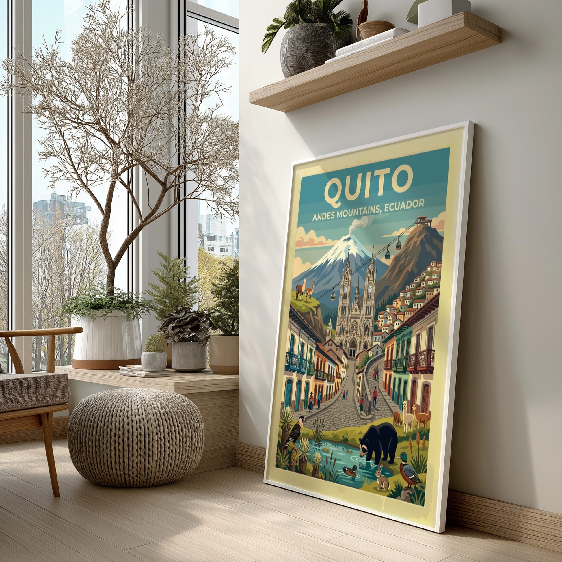 Travel poster of Quito Ecuador showing the Andes mountains cathedral and local wildlife