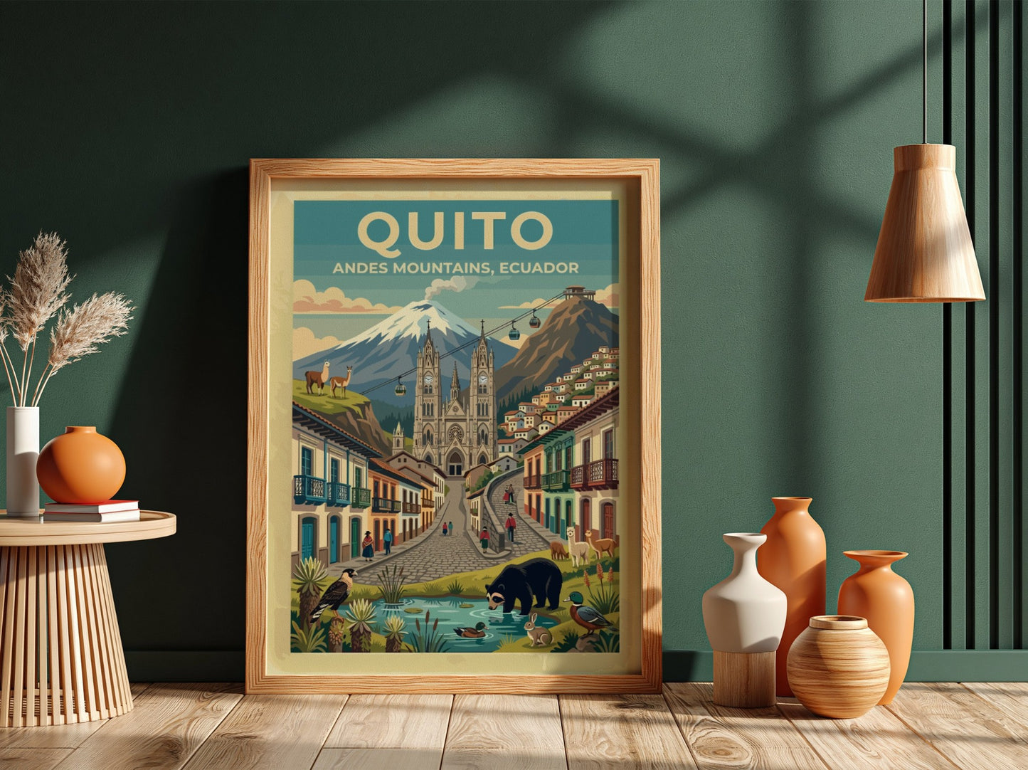 Travel poster of Quito Ecuador showing the Andes mountains cathedral and local wildlife