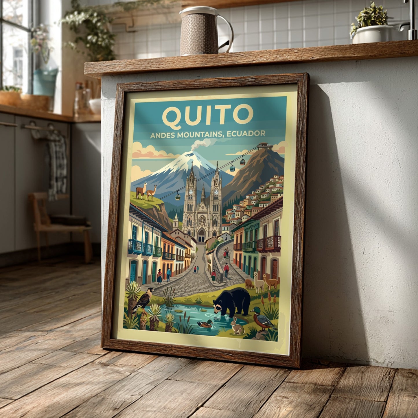 Travel poster of Quito Ecuador showing the Andes mountains cathedral and local wildlife