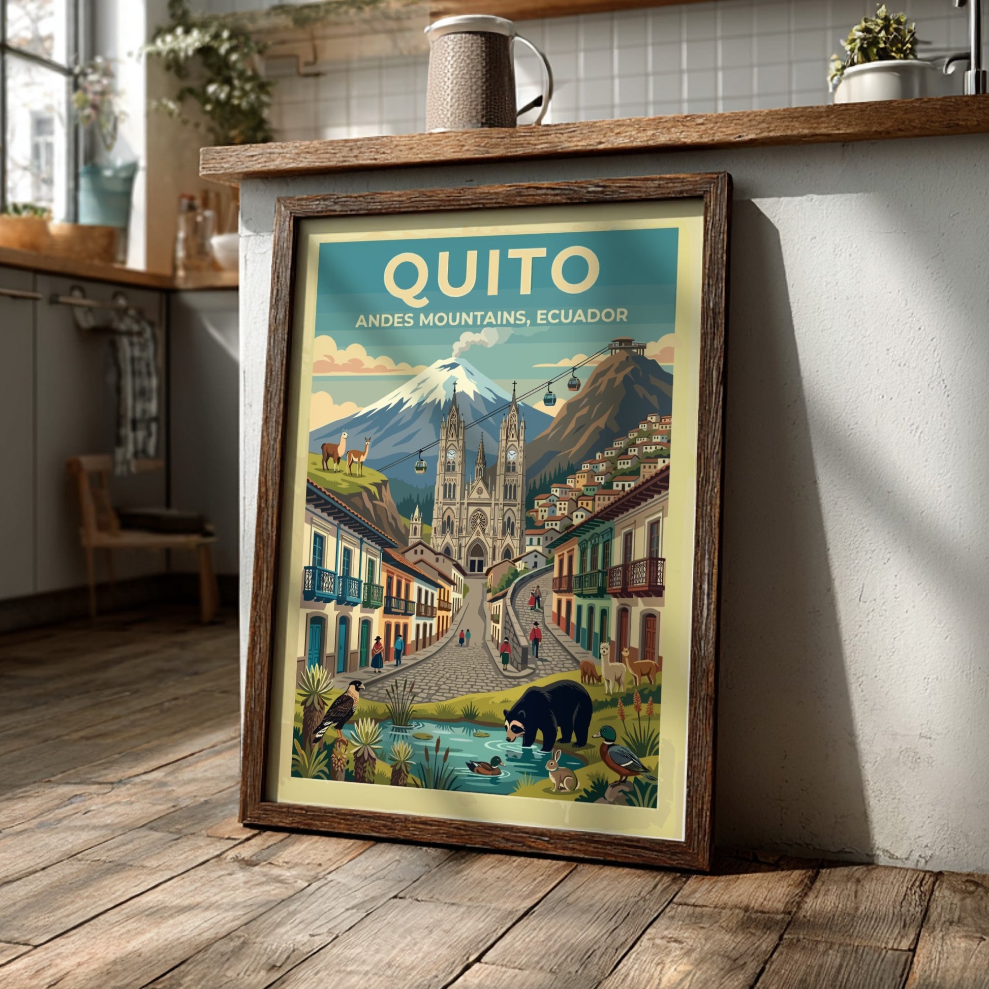 Travel poster of Quito Ecuador showing the Andes mountains cathedral and local wildlife