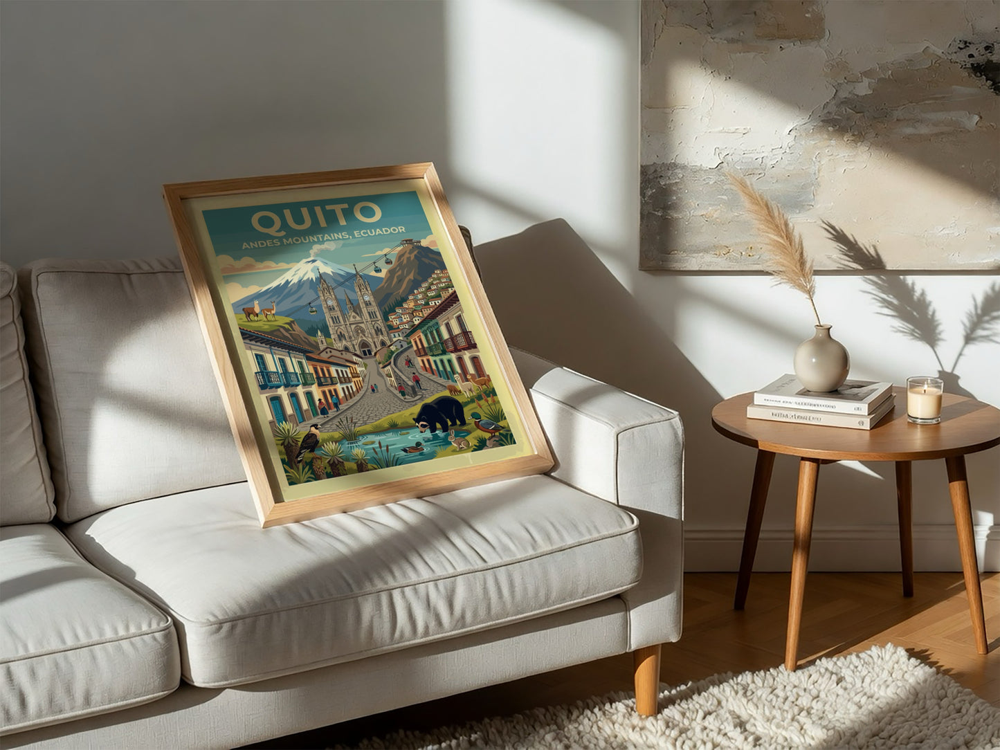Travel poster of Quito Ecuador showing the Andes mountains cathedral and local wildlife