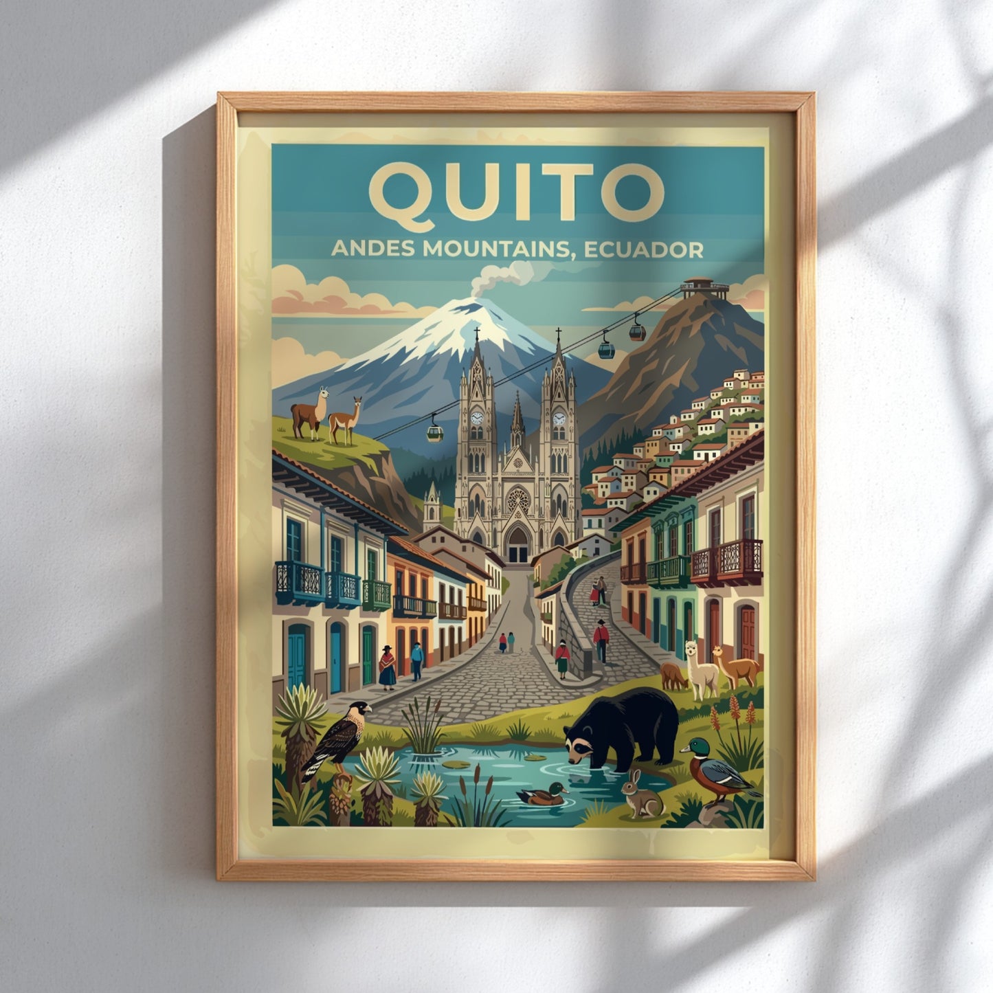 Travel poster of Quito Ecuador showing the Andes mountains cathedral and local wildlife