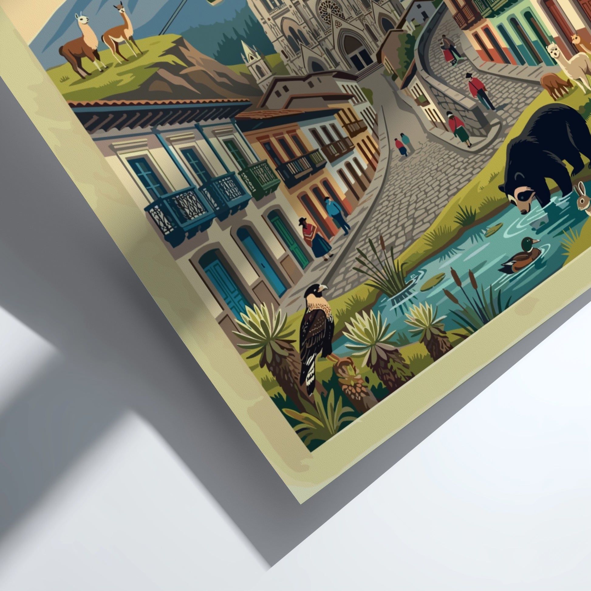 Travel poster of Quito Ecuador showing the Andes mountains cathedral and local wildlife