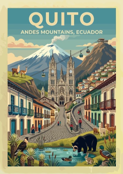 Travel poster of Quito Ecuador showing the Andes mountains cathedral and local wildlife