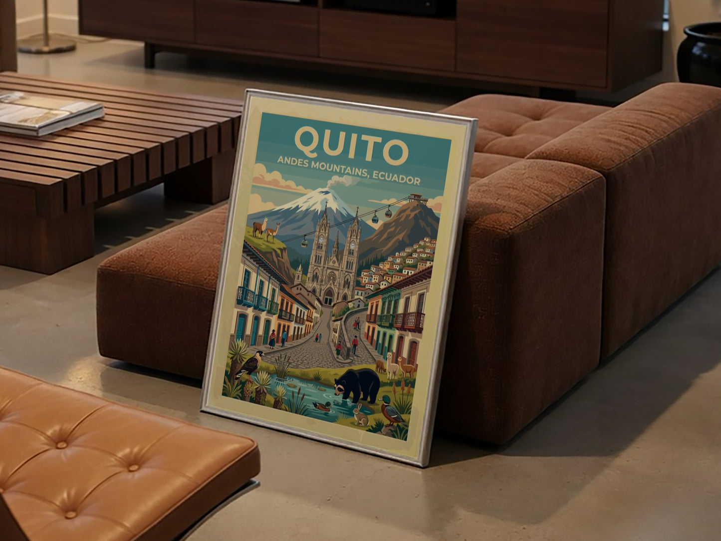 Travel poster of Quito Ecuador showing the Andes mountains cathedral and local wildlife