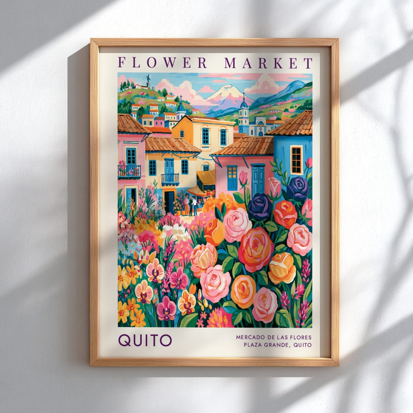 Flower market poster featuring vibrant cityscape with colorful flowers and buildings