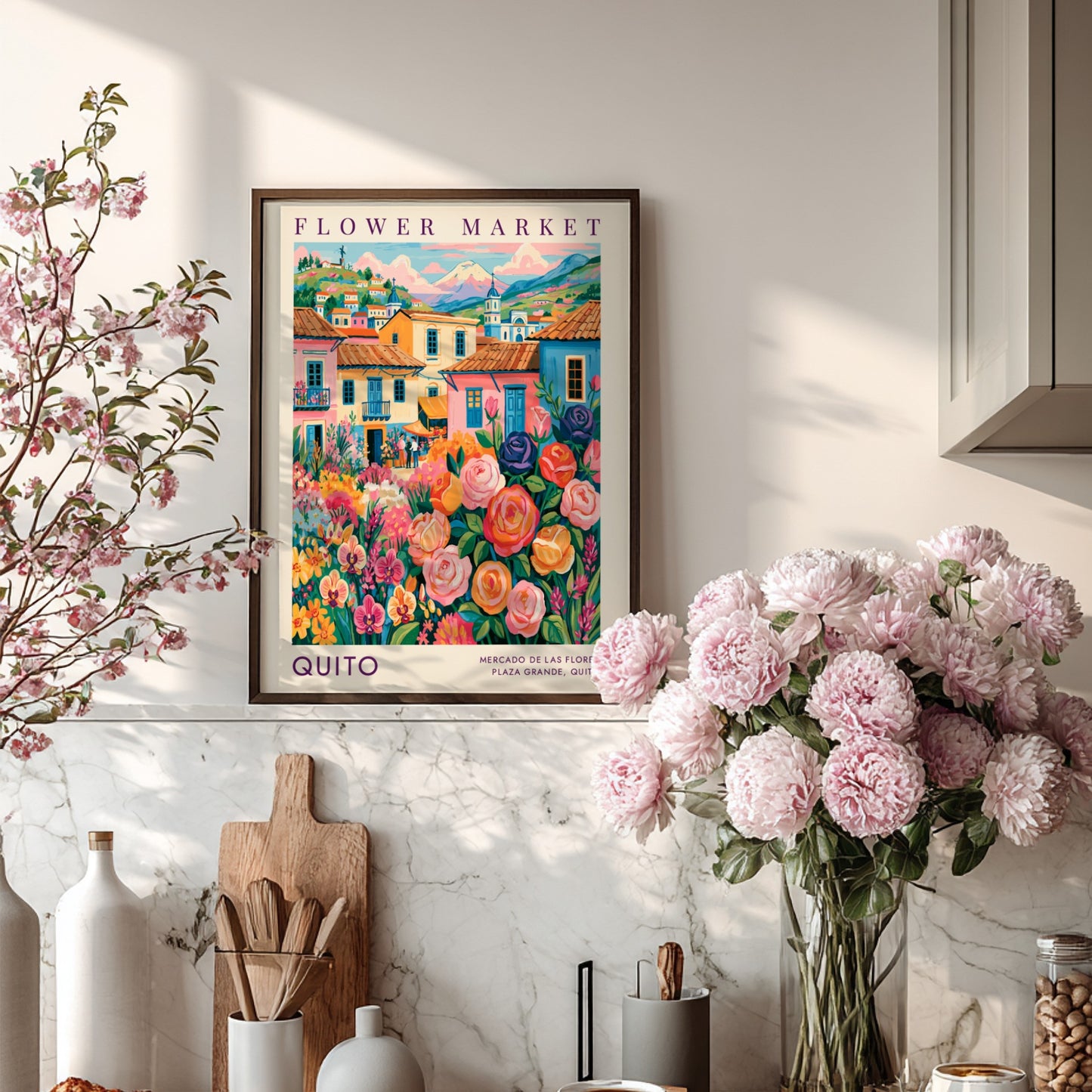Flower market poster featuring vibrant cityscape with colorful flowers and buildings