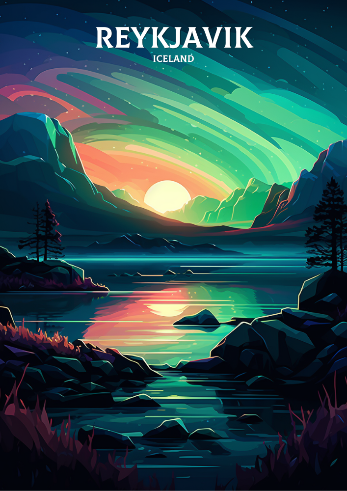 Europe REYKJAVIK TRAVEL PRINT - AURORA BOREALIS ARTWORK
