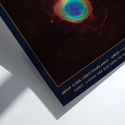 Poster featuring the glowing Ring Nebula with bright blue and orange gas clouds