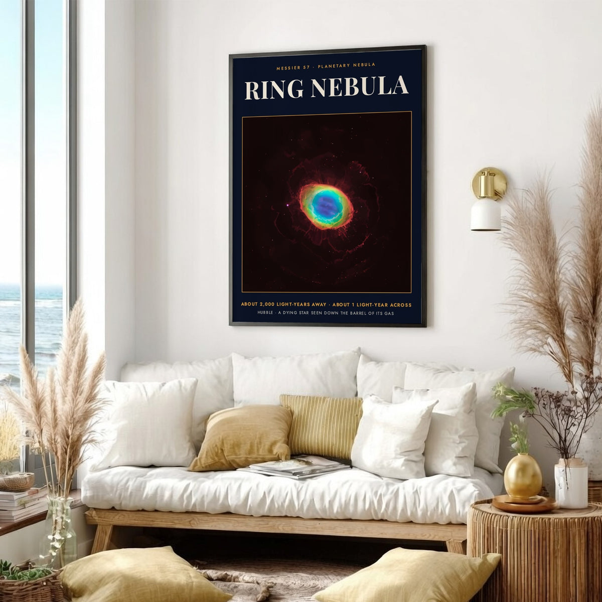 Poster featuring the glowing Ring Nebula with bright blue and orange gas clouds