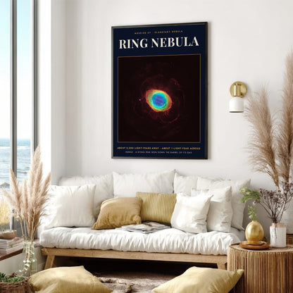 Poster featuring the glowing Ring Nebula with bright blue and orange gas clouds