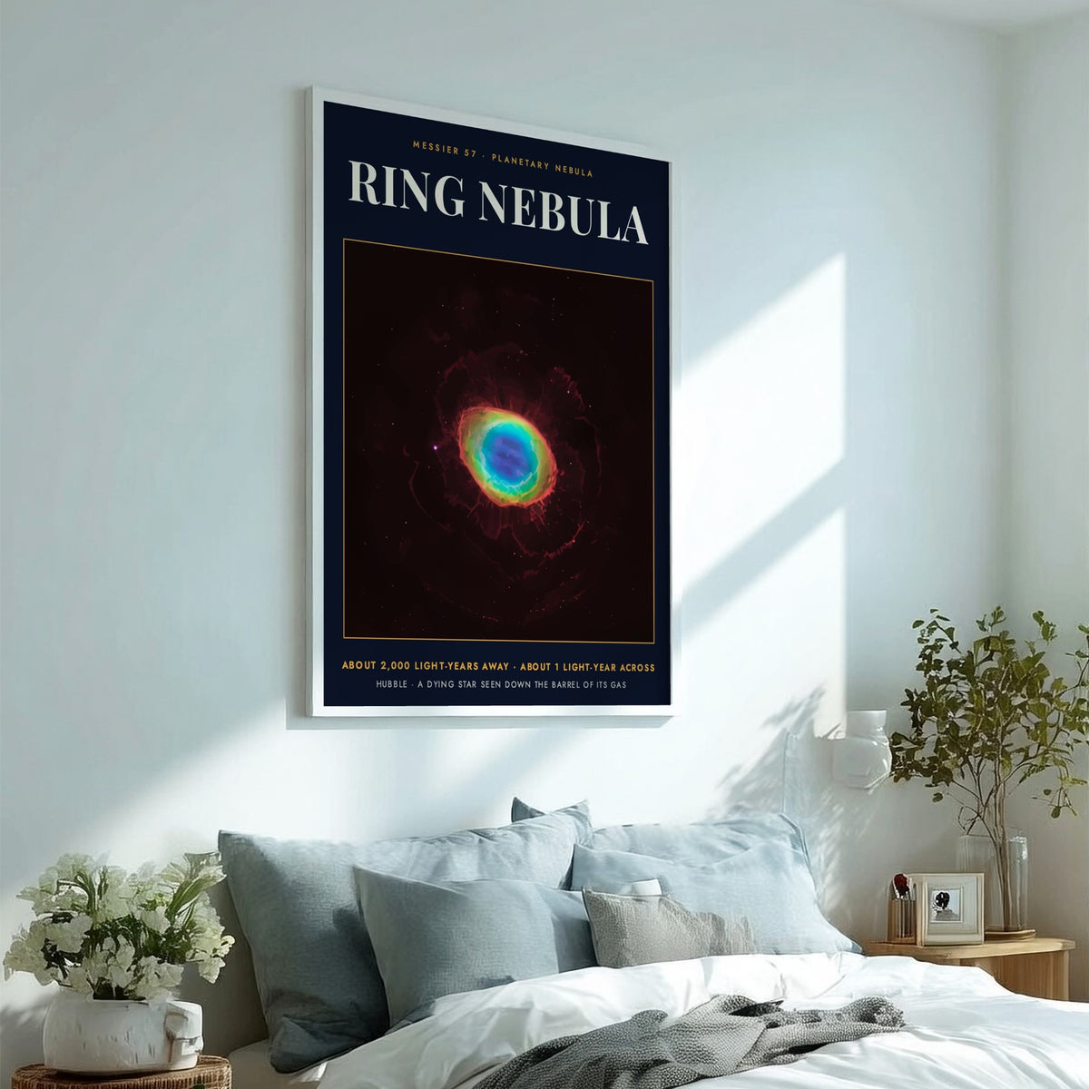 Poster featuring the glowing Ring Nebula with bright blue and orange gas clouds
