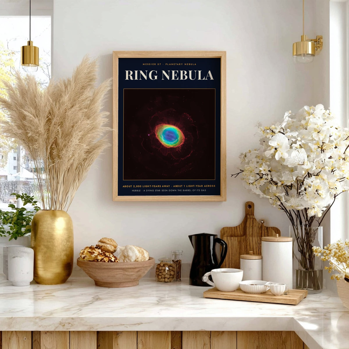 Poster featuring the glowing Ring Nebula with bright blue and orange gas clouds