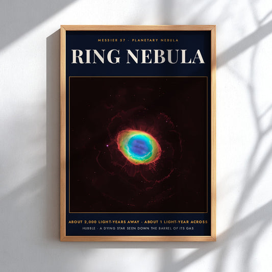 Poster featuring the glowing Ring Nebula with bright blue and orange gas clouds