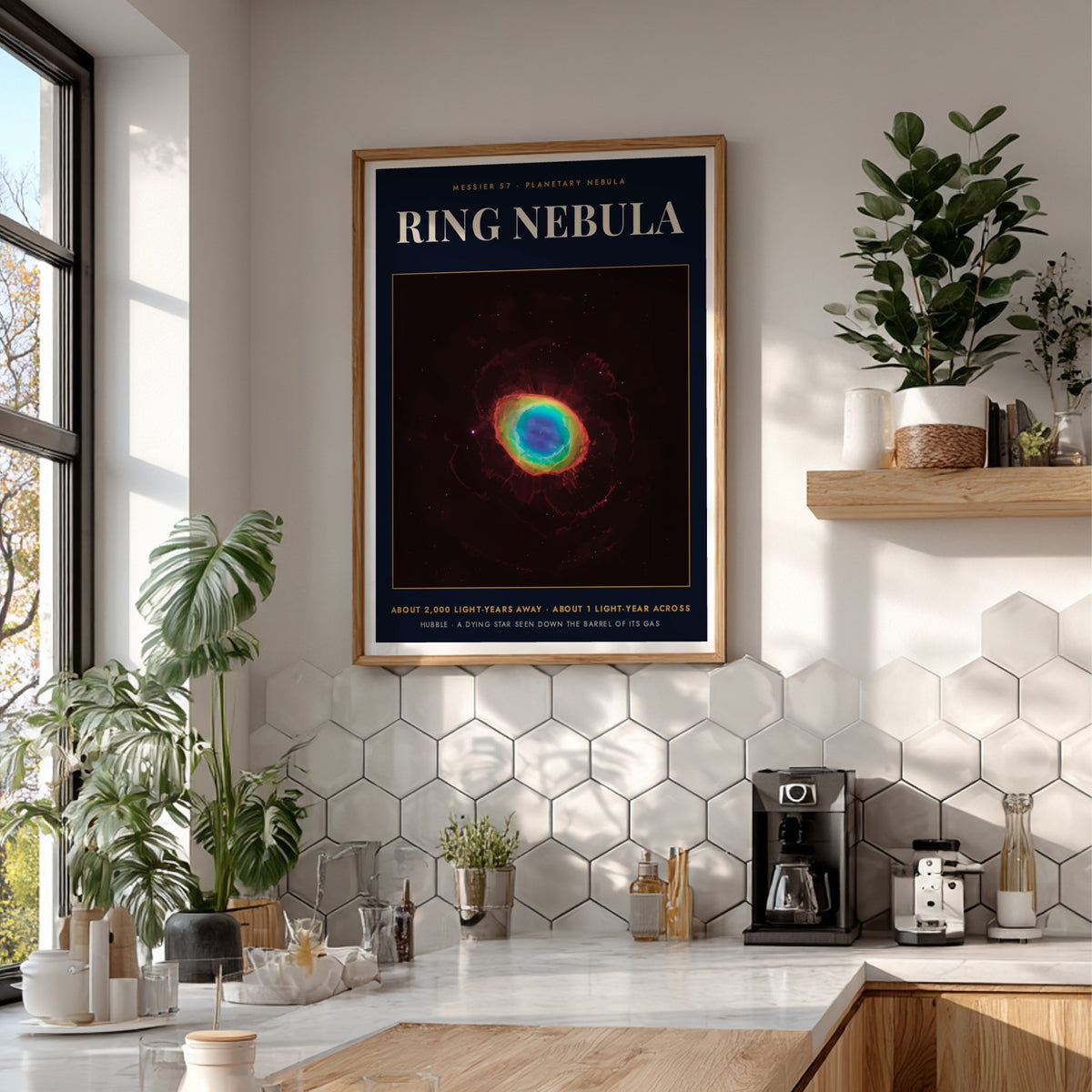 Poster featuring the glowing Ring Nebula with bright blue and orange gas clouds