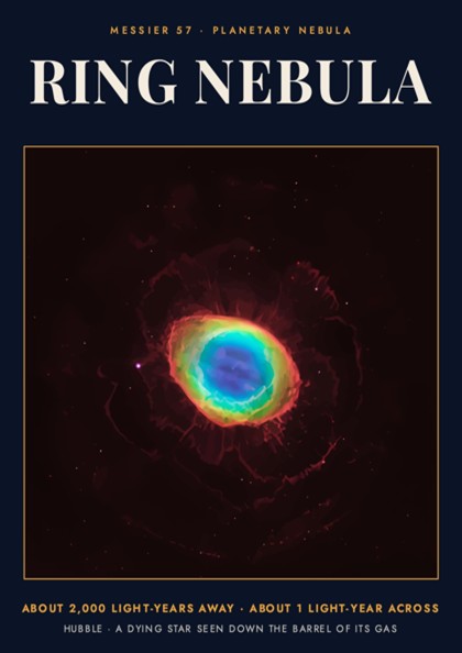 Poster featuring the glowing Ring Nebula with bright blue and orange gas clouds
